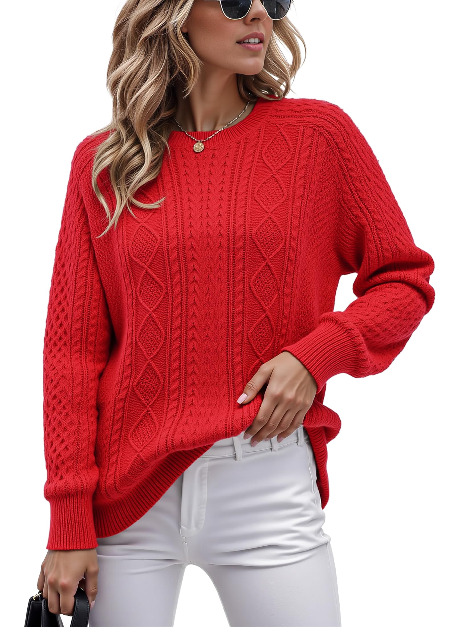 Photo 1 of (large) Jouica Womens Sweaters Fall 2025 Cable Knit Long Sleeve Crewneck Fisherman Sweater Chunky Pullover Loose Outfits,Red,Large