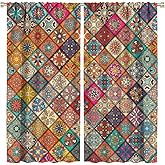Kurtect Bohemian Blackout Vintage Colorful Geometric Pattern Rod Pocket Curtains Abstract Floral Decor Drapes Living Room Bedroom Kitchen Office 42x45in