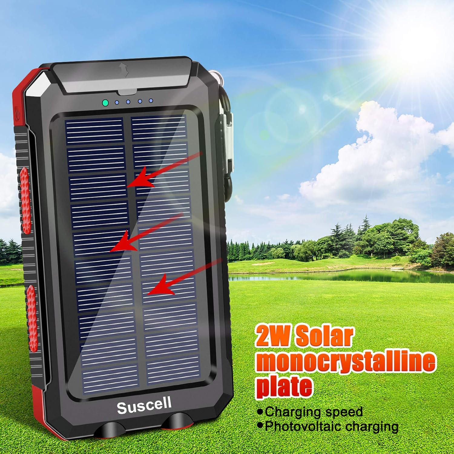 Solar Charger, SUSCELL 20000mAh Portable Solar Power Bank for Cell Phone, Dual 5V/2.1A USB Ports Output and 2 Led Flashlight, Perfect for Outdoor Trip/Emergency