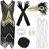PLULON 1920s Flapper Fringed Sequin Dress with 20s Accessories Set V Neck Gatsby Dress