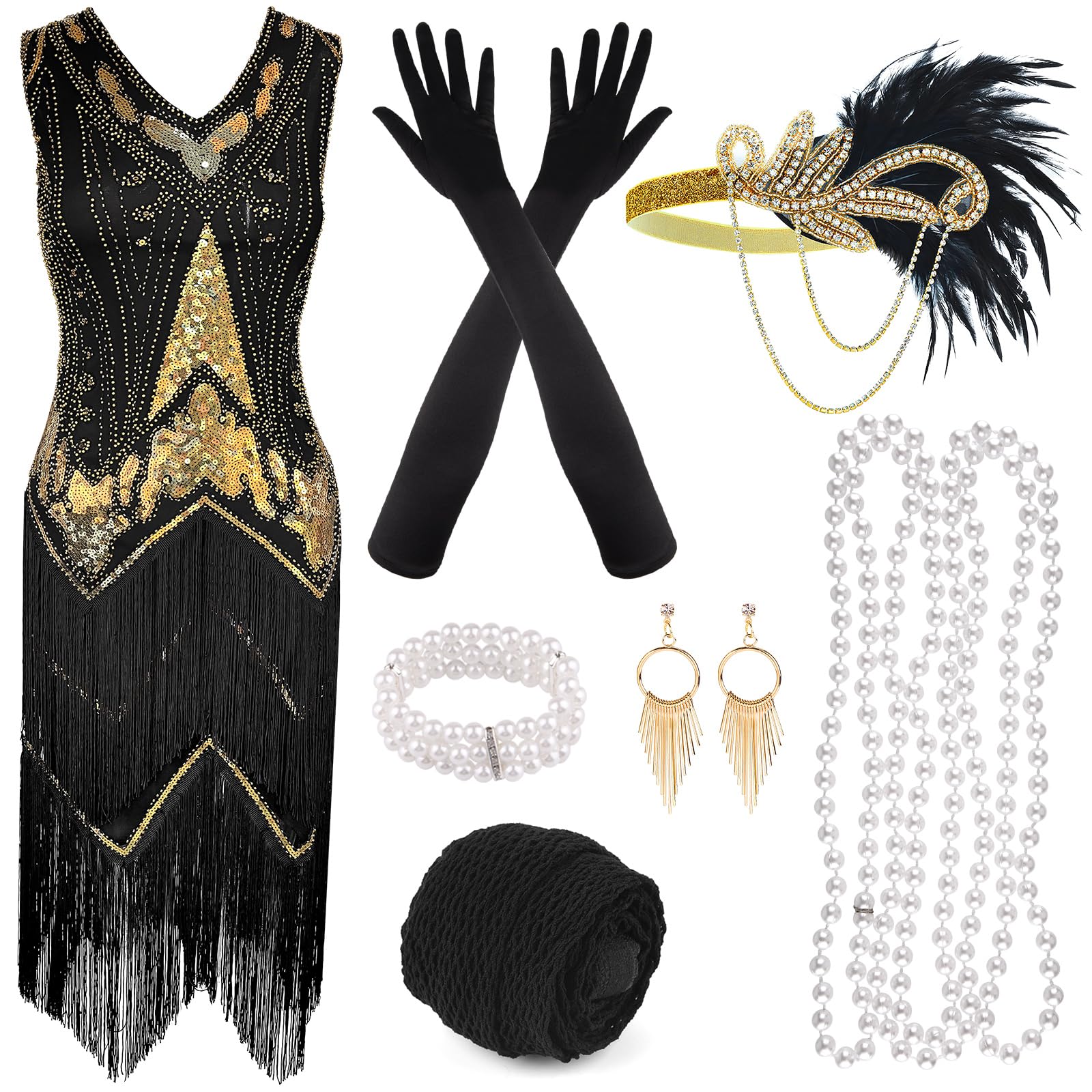 PLULON 1920s Flapper Fringed Sequin Dress with 20s Accessories Set V Neck Gatsby Dress with Flapper Feather Headpiece Long Gloves Necklace Gold Earrings for Women