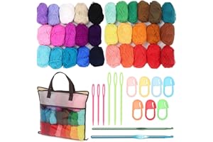 Tanstic 51Pcs Crochet Yarn Kit, 32 Colors Assorted Acrylic Yarn Skeins, 10 Stitch Markers, 2 Crochet Hooks, 6 Weaving Needles