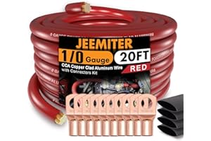 JEEMITER 1/0 Gauge Red CCA Wire (20ft Single Roll) - Replacement Power Cable for Car Amplifier, Battery, Big 3 Upgrade | with Terminals & Heat Shrink