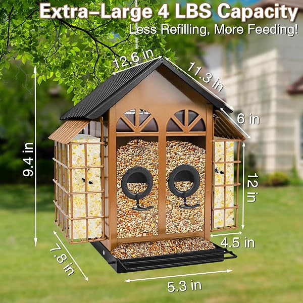 TAYEPIN BIRD FEEDERS FOR OUTDOORS HANGING, METAL WILD BIRD FEEDERS WITH DOUBLE SUET CAGE, 4LBS LARGE CAPACITY FOR OUTSIDE GARDEN WATERPROOF, LDEAL GIFTS FOR BIRDS FEEDING FINCH CARDINAL, BROWN