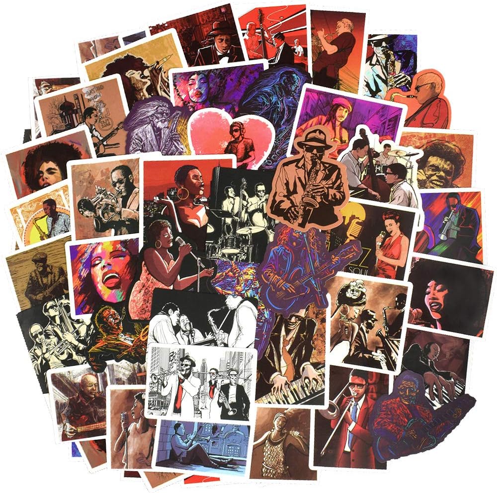 Waterproof Vinyl Stickers for Laptop Bluetooth Speakers Guitar Room Decor (50 Pcs Jazz Rock Style)