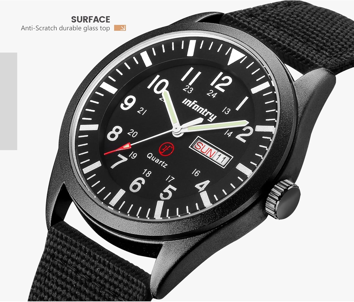 Infantry Mens Military Army Watch, Gents Black Analogue Tactical Wristwatch, 12/24 Hour Military Time with Day Date - Image 4