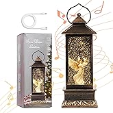 12" Christmas Snow Globe Lantern with Angel and Dove - Water Glittering LED Light Lantern with Music - Vintage Xmas Angel Gifts - USB Plug or Battery Operated Home Decor (Angel)