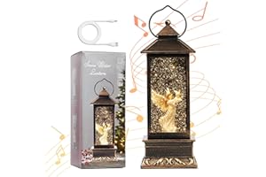EIGHTOWN 12" Christmas Snow Globe Lantern with Angel and Dove - Water Glittering LED Light Lantern with Music - Vintage Xmas Angel Gifts - USB Plug or Battery Operated Home Decor (Angel)