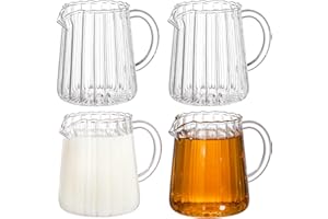 Yarlung 4 Pack Small Glass Pitcher, 8.5 Oz Clear Milk Creamer Pitcher with Handle, Creative Milk Frothing Coffee Pitcher for 