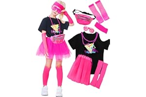 Yulefly Kids 9Pcs 80s Costume Accessories Set, Party T-Shirt Tutu Fancy Outfits, for Cosplay 1980s Party for Girls