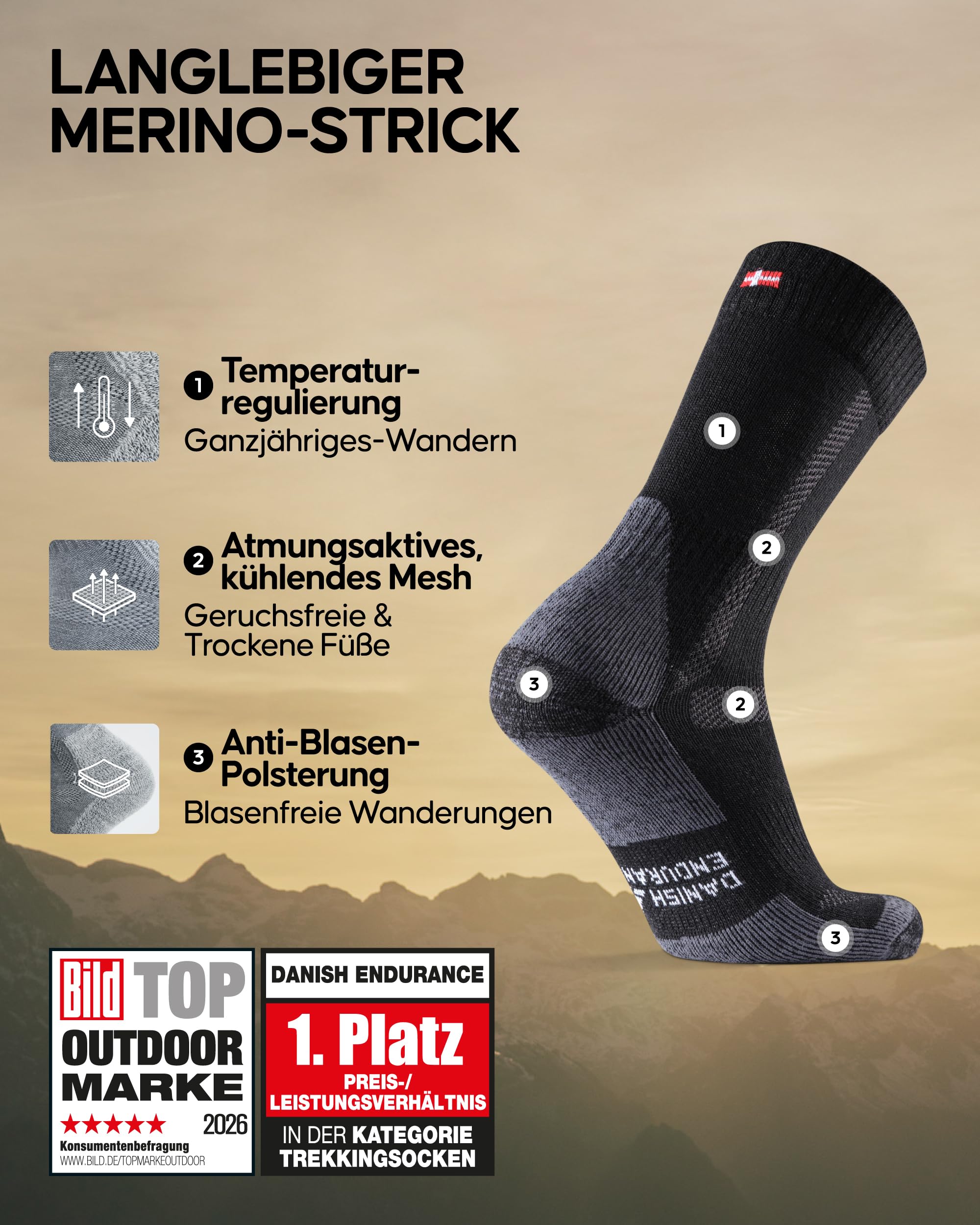 DANISH ENDURANCE Merino Wandersocken, Sommer Trekkingsocken, Unisex, Herren, Damen & Kinder, 3 Paar, Schwarz/Grau, 43-47 2