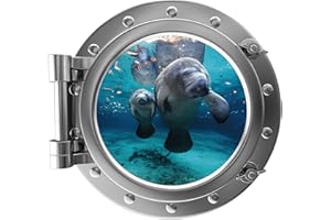 STICKIT GRAPHIX 18" Porthole 3D Window Wall Sticker Manatee & Cub Silver Port Scape Decal Sea Animal Aquatic Marine Mammal Sea Cows Ocean Kids Room Decor Wall Art Removable Fabric Vinyl