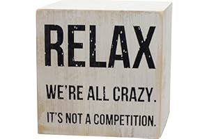 ARTGIFTHOU Farmhouse Distressed Wood Box Sign Vintage Signs Decor for Home Wall/Tabletop/Shelf/Office Decoration Art, Relax We're All Crazy It's Not A Competition (White)