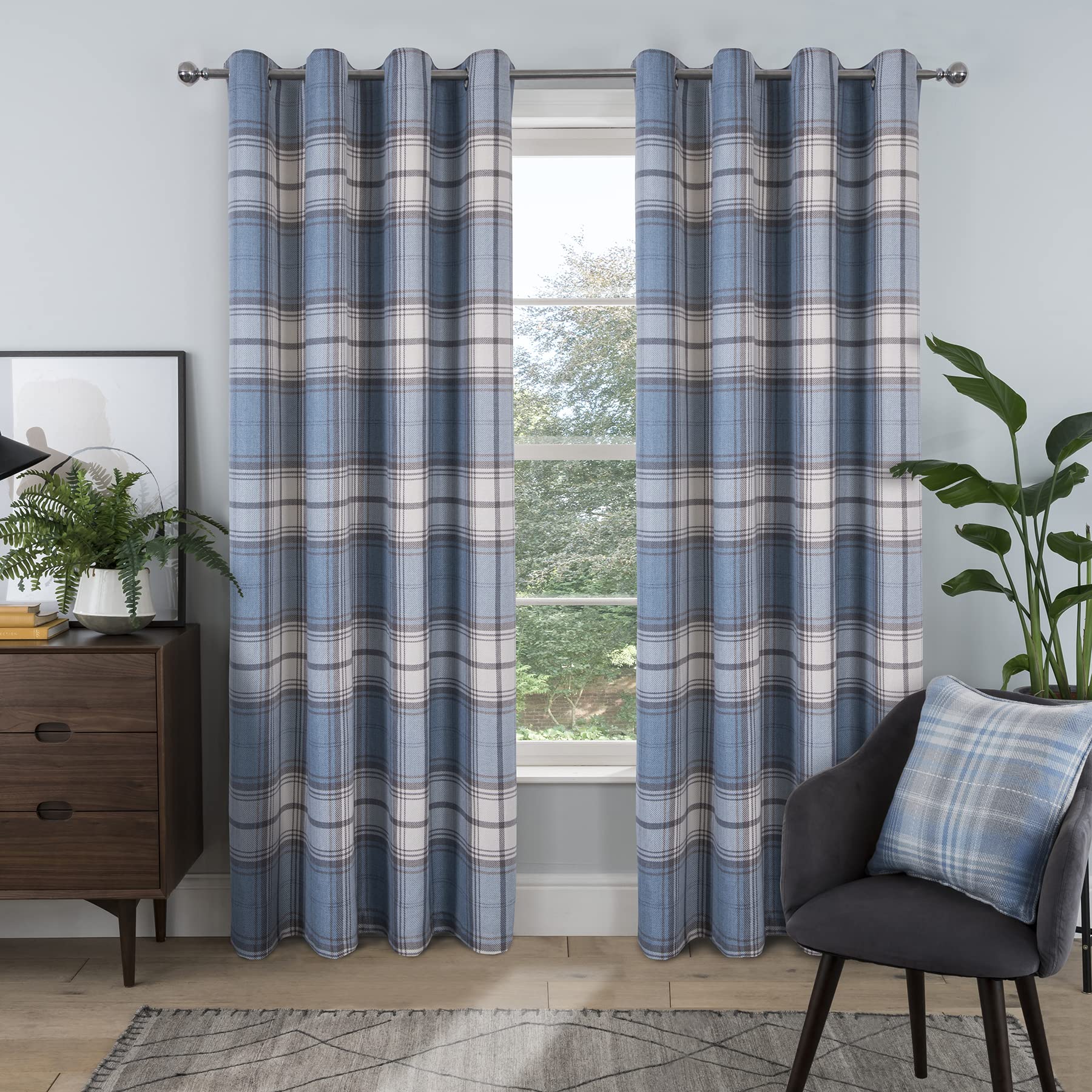 always4u Blue Check Curtains Eyelet Tartan Curtain for Living Room Bedroom Highland Woolen Look Blue Checked Fully Lined Pair of 66 * 72 Inches