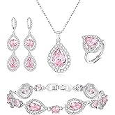 EVER FAITH Wedding Prom Four Clovers Jewelry Set for Women, Teardrop Cubic Zirconia Necklace Hoop Dangle Earrings Bracelet Open Ring Sets Anniversary Birthday Engagement Gift for Friend Lover Wife