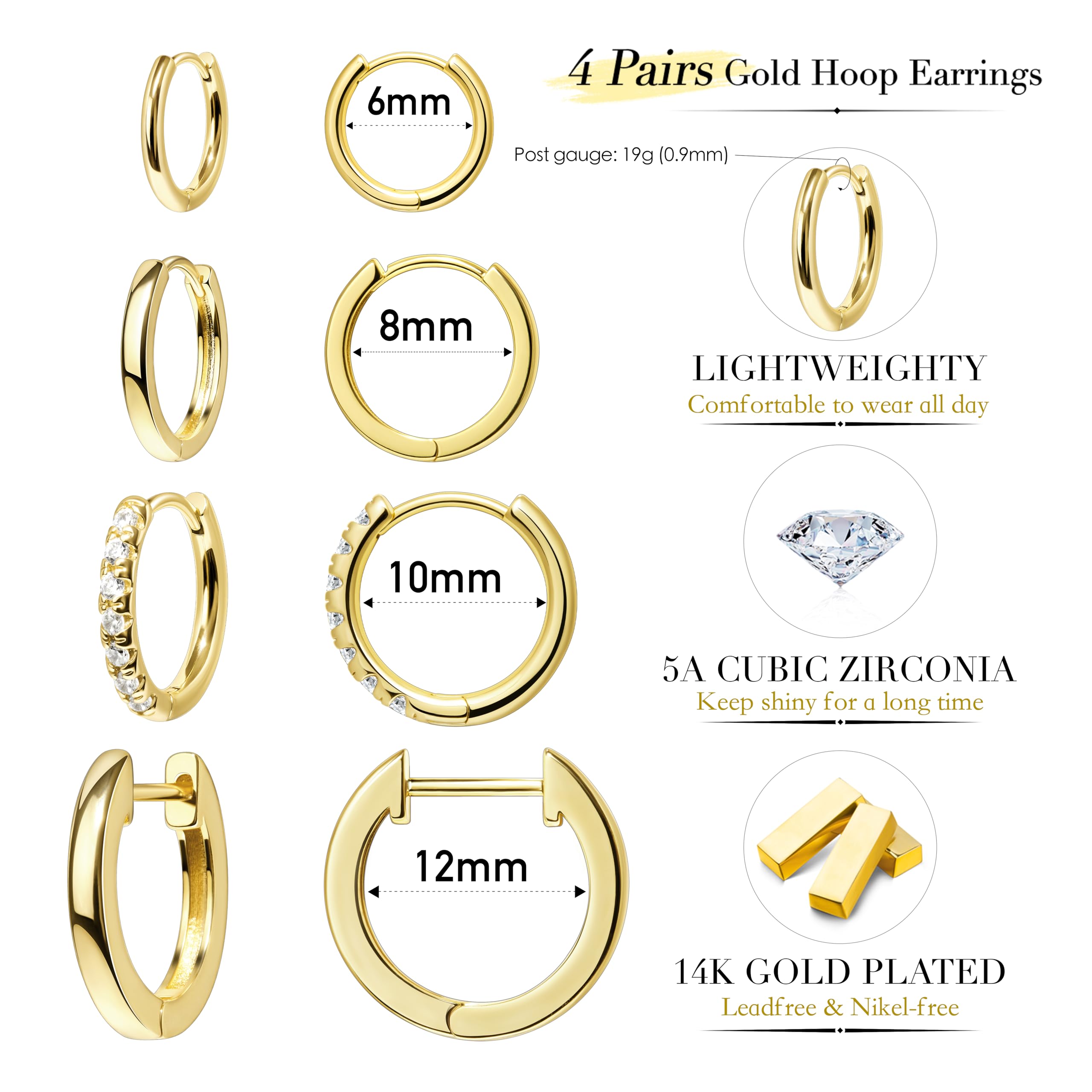 Poxtex Small Gold Huggie Hoop Earrings Set for Women Men Hypoallergenic 14K Plated Stack Cartilage Earrings, Multiple Piercing Lightweight Mini Thin Cute Dainty Trendy Jewelry Set Gifts for Women
