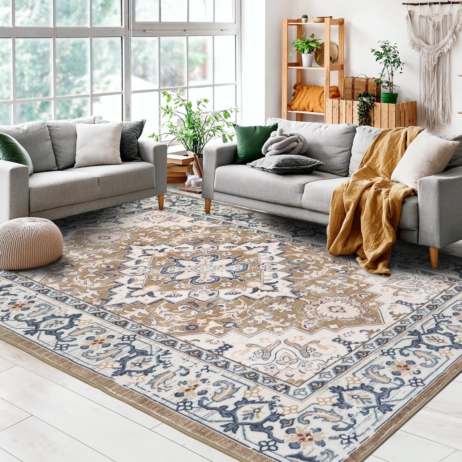 Photo 1 of Lessymo Washable Area Rugs 6 x 9, Boho Area Rug Low Pile for Bedroom Living Room Kitchen, Ultra-Soft Faux Wool Vintage Area Rug with Non-Slip Rubber, Kid & Pet Friendly, Brown Beige