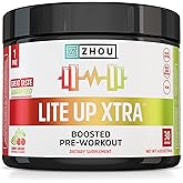 ZHOU Lite Up Xtra - Sugar Free Pre Workout Powder for Women & Men, Preworkout Supplement with Caffeine for Clean Energy, Amino Acid Support, Hydrate & Focus, Plant Based - Cherry Limeade, 16 oz Jar
