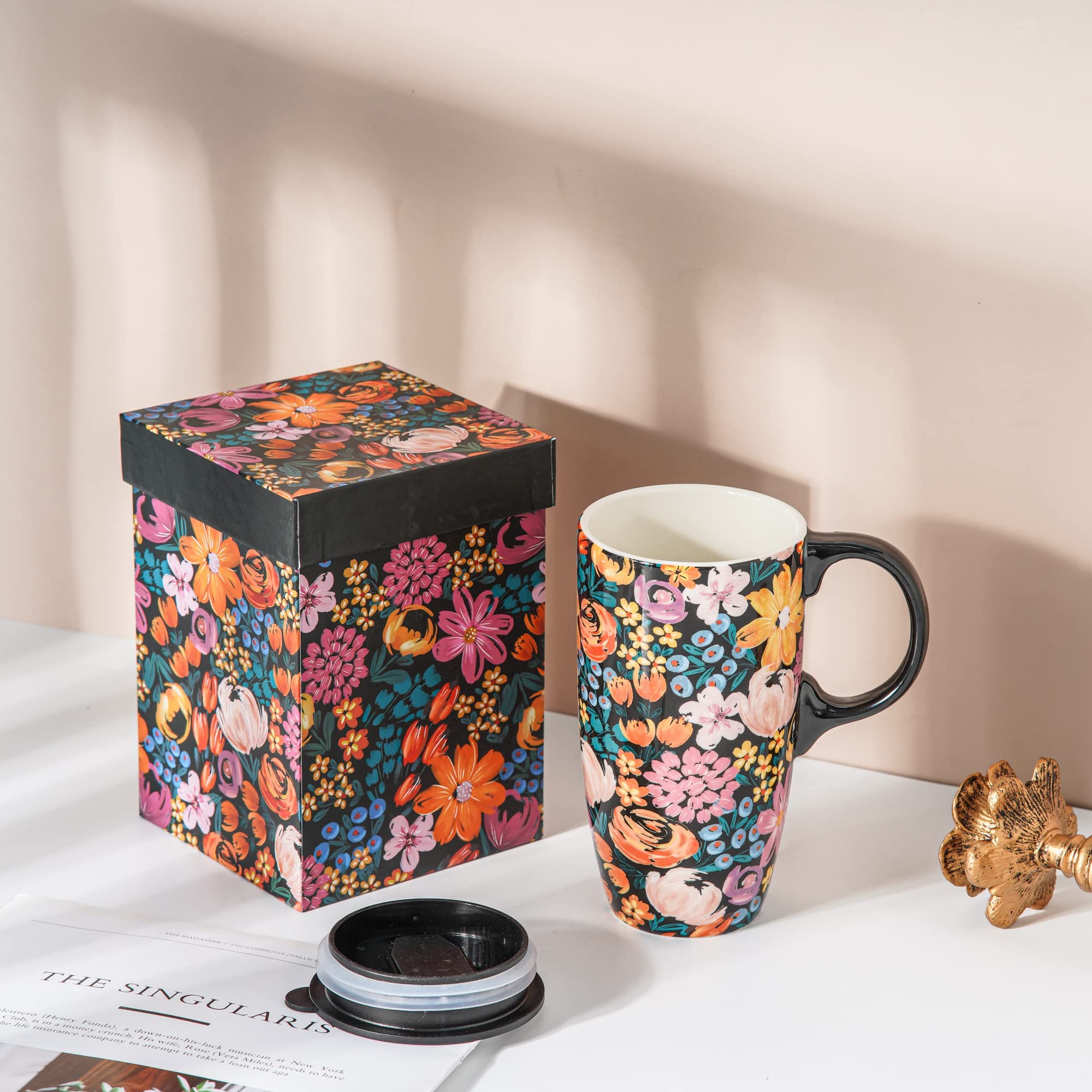 DUSVALLY Ceramic Mug Large Coffee Mug Tall Cups Porcelain Latte Coffee Cup with Lid and Color Box 17oz,Flowers