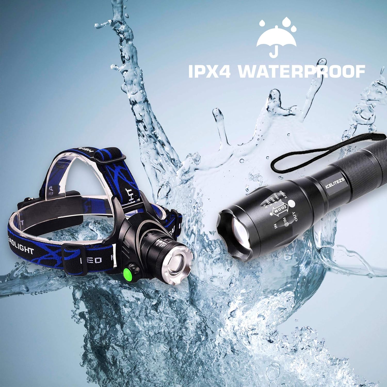ICELITEZS 2 in 1 Headlamp & Flashlight USB Rechargeable | LED Brightest High 2500 Lumen Work Headlamp | IPX4 Waterproof & 18650 Flashlight with Zoomable Work Light | Headlights for Mechanics | Camping - - 