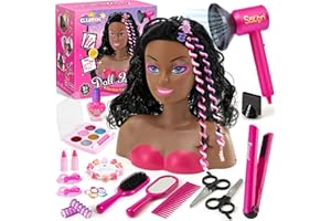 Cleboen Hair Styling Doll Head Makeup Kit for Girls Toys, 35PCS Kids Hair Salon Pretend Playset with Hairdryer Straightener Headwears & Real Makeup Nail Polish, Birthday Gifts for Girls 3 4 5 6 7 8+