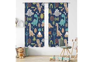 Cinbloo Kids Dinosaur Curtains 42Wx63H Inch Rod Pocket Boy Cute Cartoon Funny Dino Dark Navy Blue Wildlife Animal Art Printed Nursery Child Living Room Bedroom Window Drapes Treatment Fabric 2 Panels