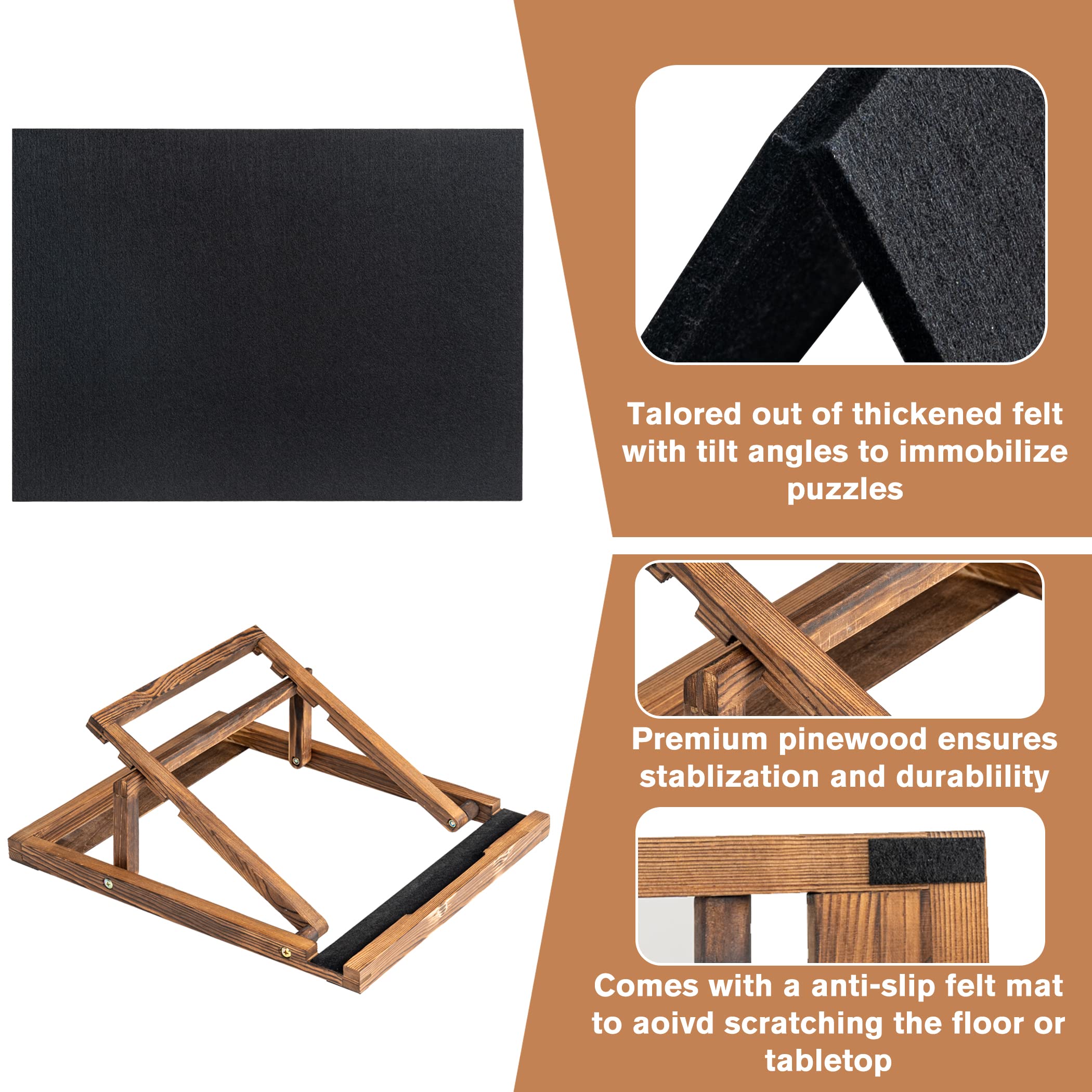 Tektalk Foldable Jigsaw Puzzle Board with 3 Angle Adjustable Bracket/Stand, Lightweight Portable Puzzle Mat Plateau with Wooden Easel, Foldaway Felt Puzzle Table, for Up to 1000 Pieces - Black