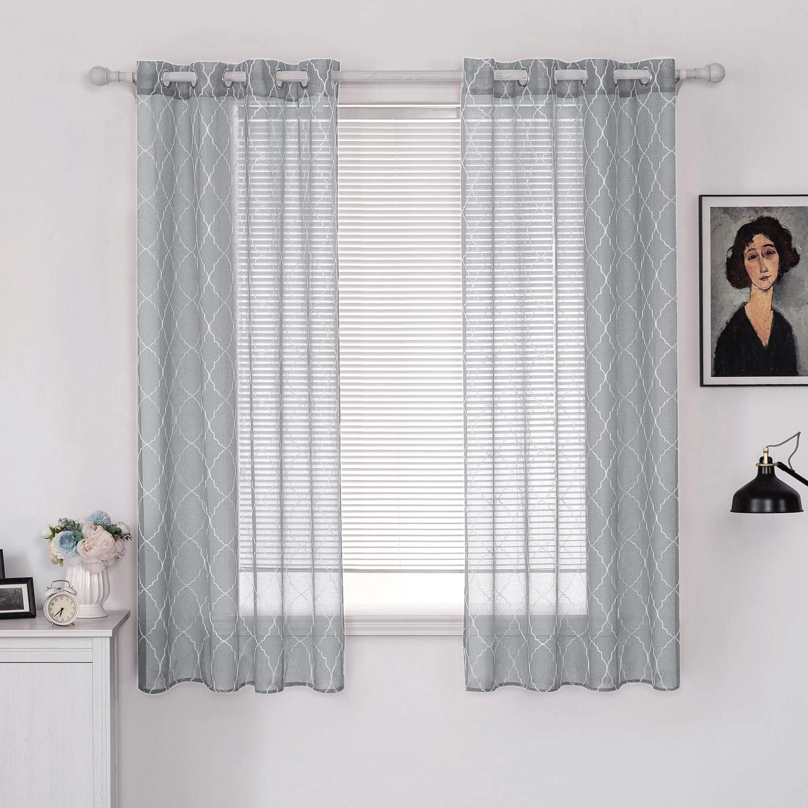 MIULEE Sheer Voile Curtains Moroccan Style Elegance Embroidery Semi-Transparent Window Curtains Draperies for Bedroom Eyelet Top Window Curtains for Living Room Nursery 2 Panels 55"Wx69"L Morocco Grey — image 1