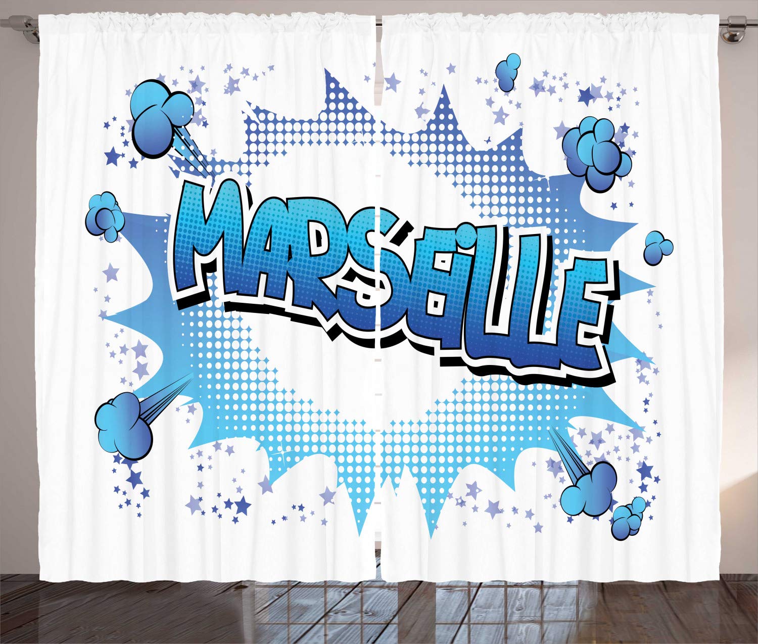 ABAKUHAUS France Curtains, Marseille Text Cloud Designed as Comic Book Style on Plain Background, Living Room Bedroom Window Drapes 2 Panel Set, 280 x 175 cm, Violet blue white — image 1