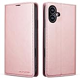 QLTYPRI Case for iPhone 16, Premium PU Leather Cover TPU Bumper with Card Holder Kickstand Hidden Magnetic Adsorption Shockproof Flip Wallet Case for iPhone 16 - Rose Gold