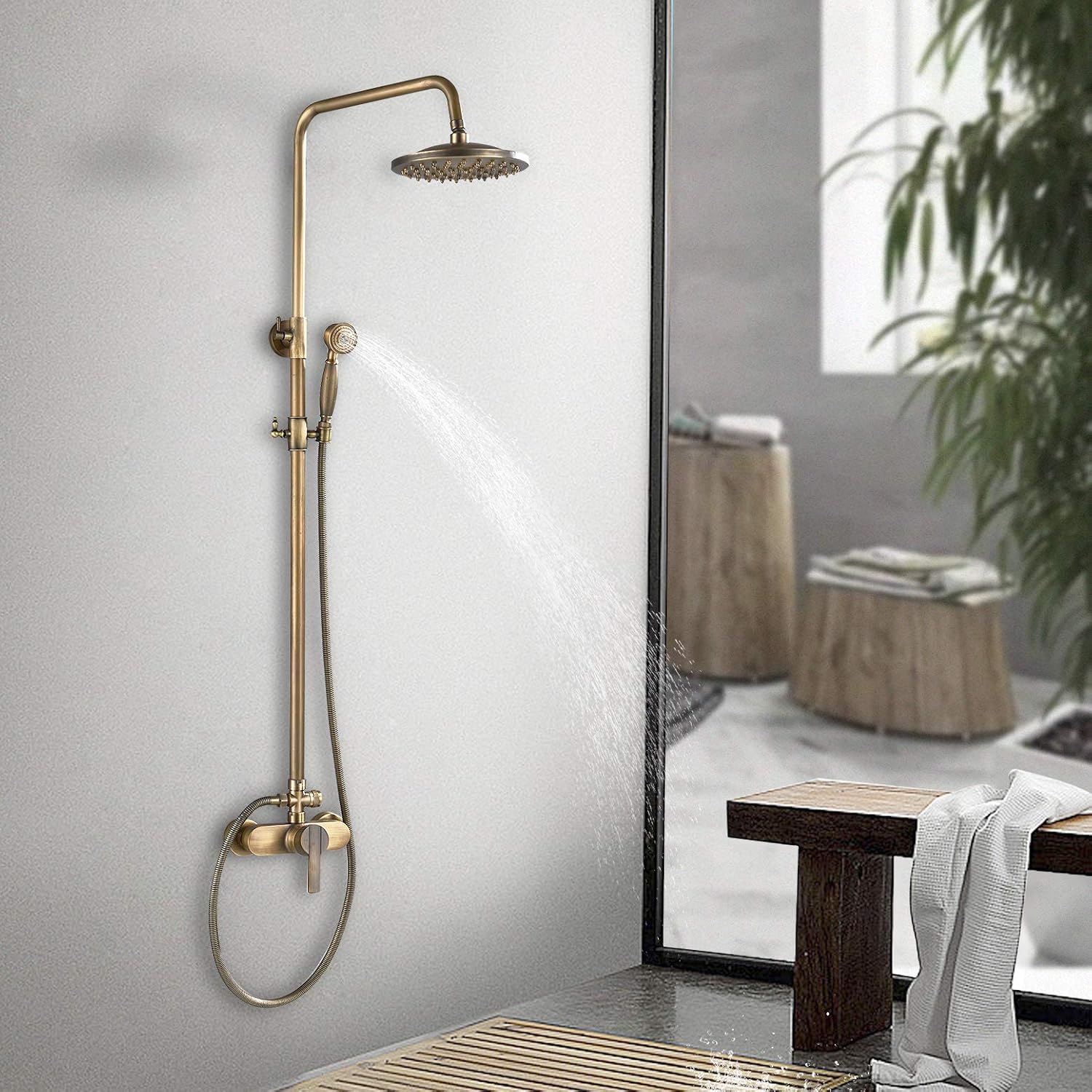 Rozin Antique Brass Shower System with 8 Inch Rain Shower Head and Hand Shower Single Handle Ready Wall Mounted Retro Shower Set - Image 3