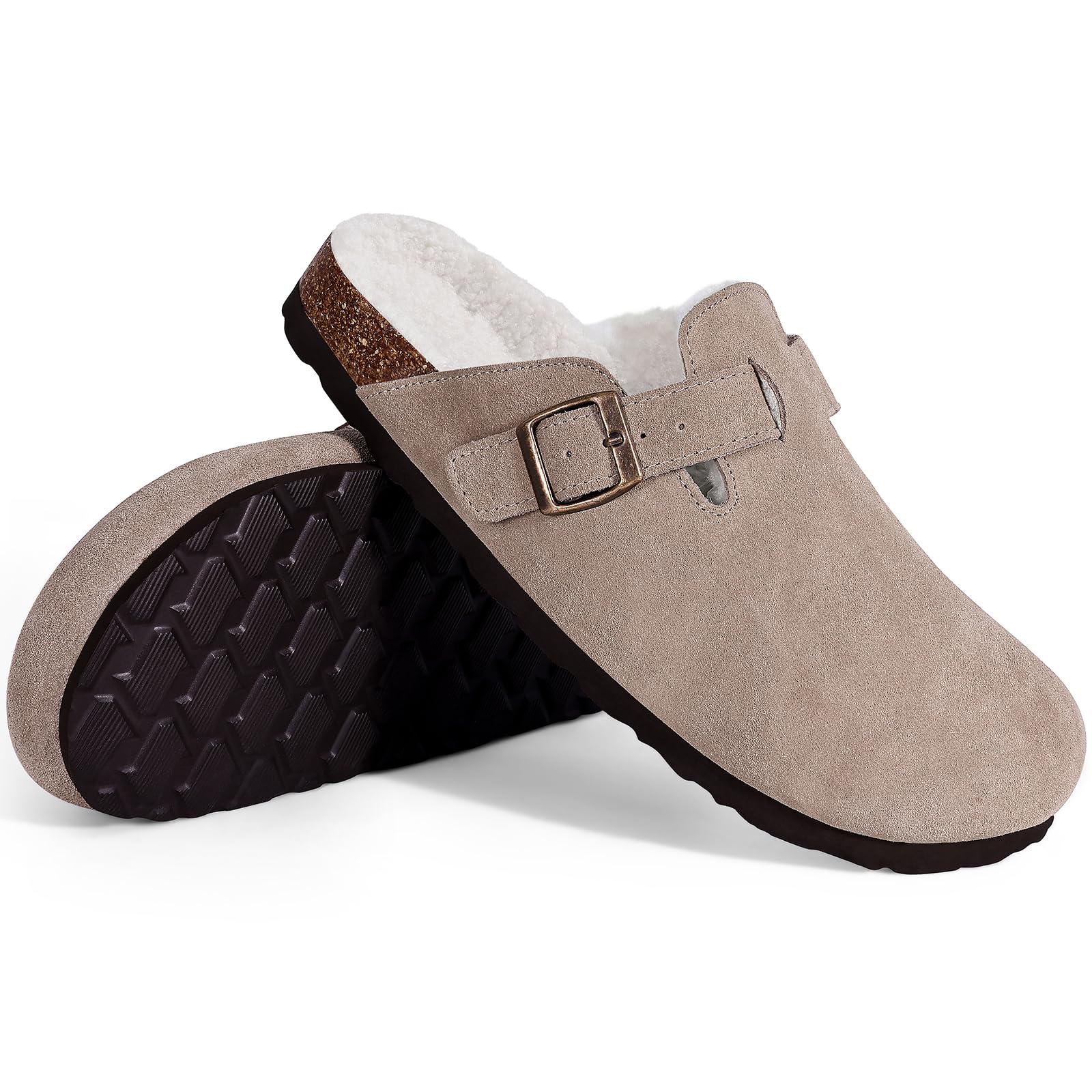 KIDMI Women's Fur Lined Suede Clogs Fuzzy Cork Footbed Mules Slip On Winter Potato Shoes