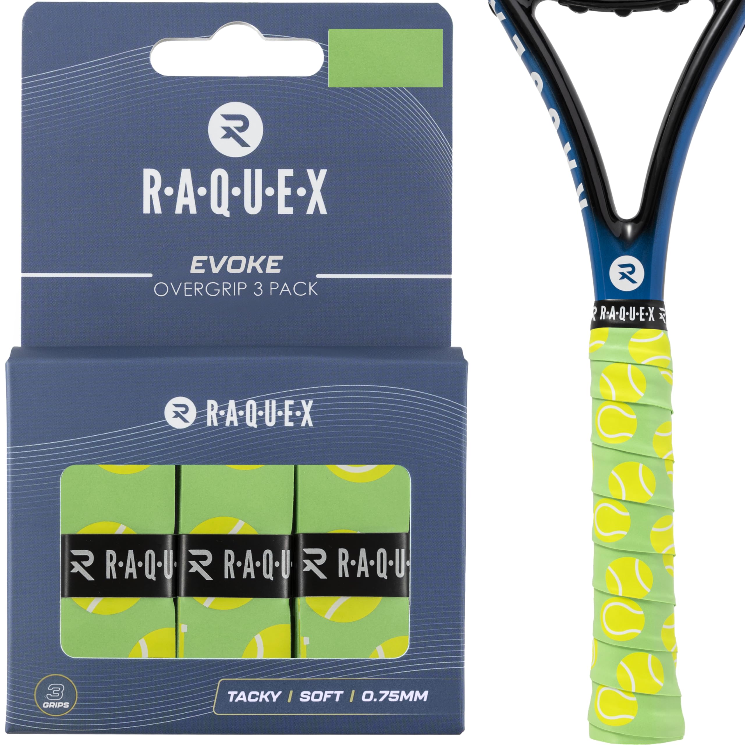 Raquex Evoke Overgrip Tape 3 Pack - Tennis Racket Grip Tapes (11 Designs) - Racquet Anti Slip Tape Overgrip for Tennis Rackets, Badminton, Squash, Padel. Finishing Tape Included