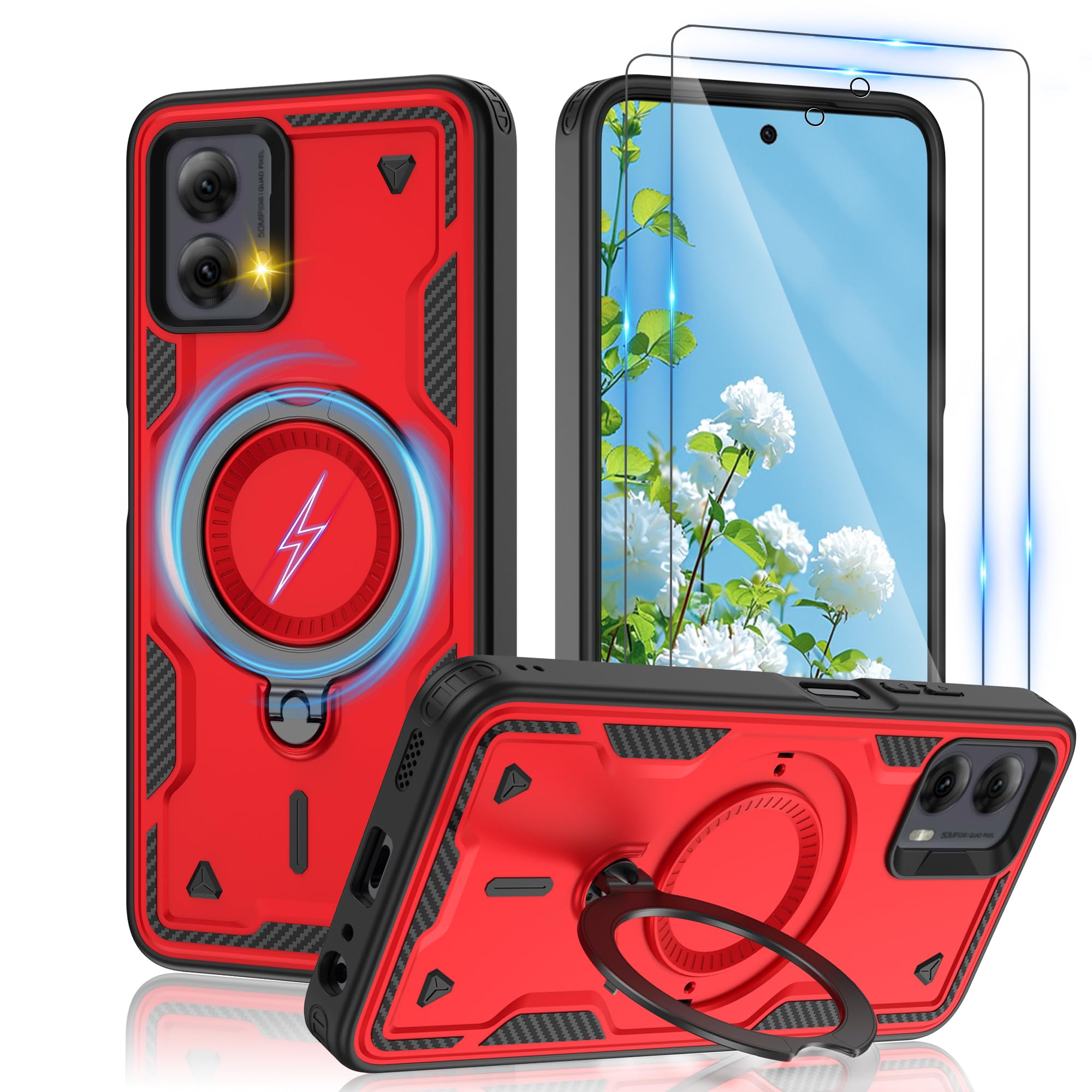 Photo 1 of for Motorola Moto G Power 5G 2024 Magnetic Case,Compatible with MagSafe & [HD Screen Protector×2],Metal Rotated Kickstand,Military Grade Drop Proof Anti-Fingerprint Protective,Red