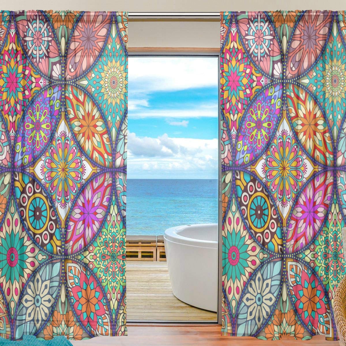 Colorbal Mandala Bohemian Curtain Panels for Living Room - Sheer Window Drapes 2.2m Long, Set of 2