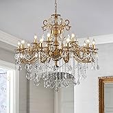 MEELIGHTING Antique Bronze Crystal Chandeliers, Luxury Gold Candle Pendant Ceiling Light Fixture, 15 Lights Golden Crystal Ch