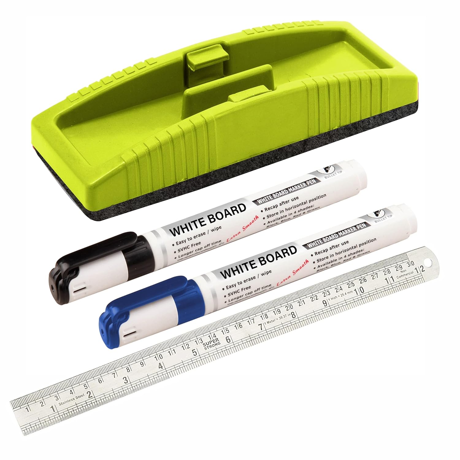 YAJNAS Non Whiteboard Duster (Random Color), 2 Marker Pen and 30 cm Scale/Ruler