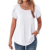 Zeagoo Womens Tops Petal Short Sleeve Summer Casual Crew Neck Shirts Floral Solid Blouse Pleated Tunics