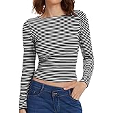 Striped Long Sleeve Shirts for Women Boat Neck Rib Knit Slim Fit Ruched Crop Tops Y2k Casual Fall Winter Clothing