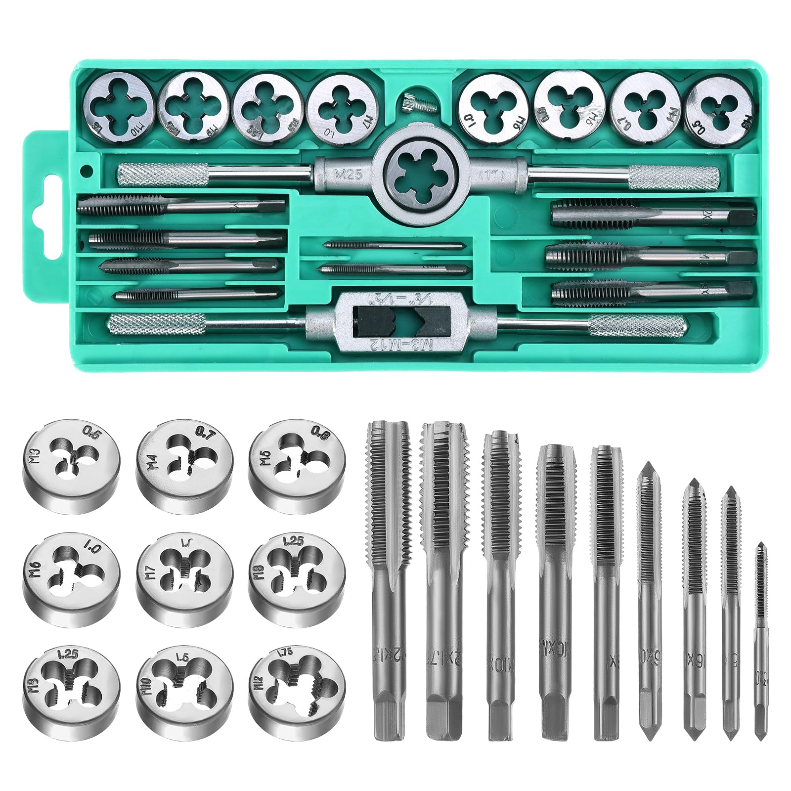 HSEAMALL Metric Tap and Die Set M3-M12, Professional Threading Tool Kit with Tap Wrench, Heat-Treated Bearing Steel for Automotive Repair, Mechanical Maintenance, DIY Metal Working