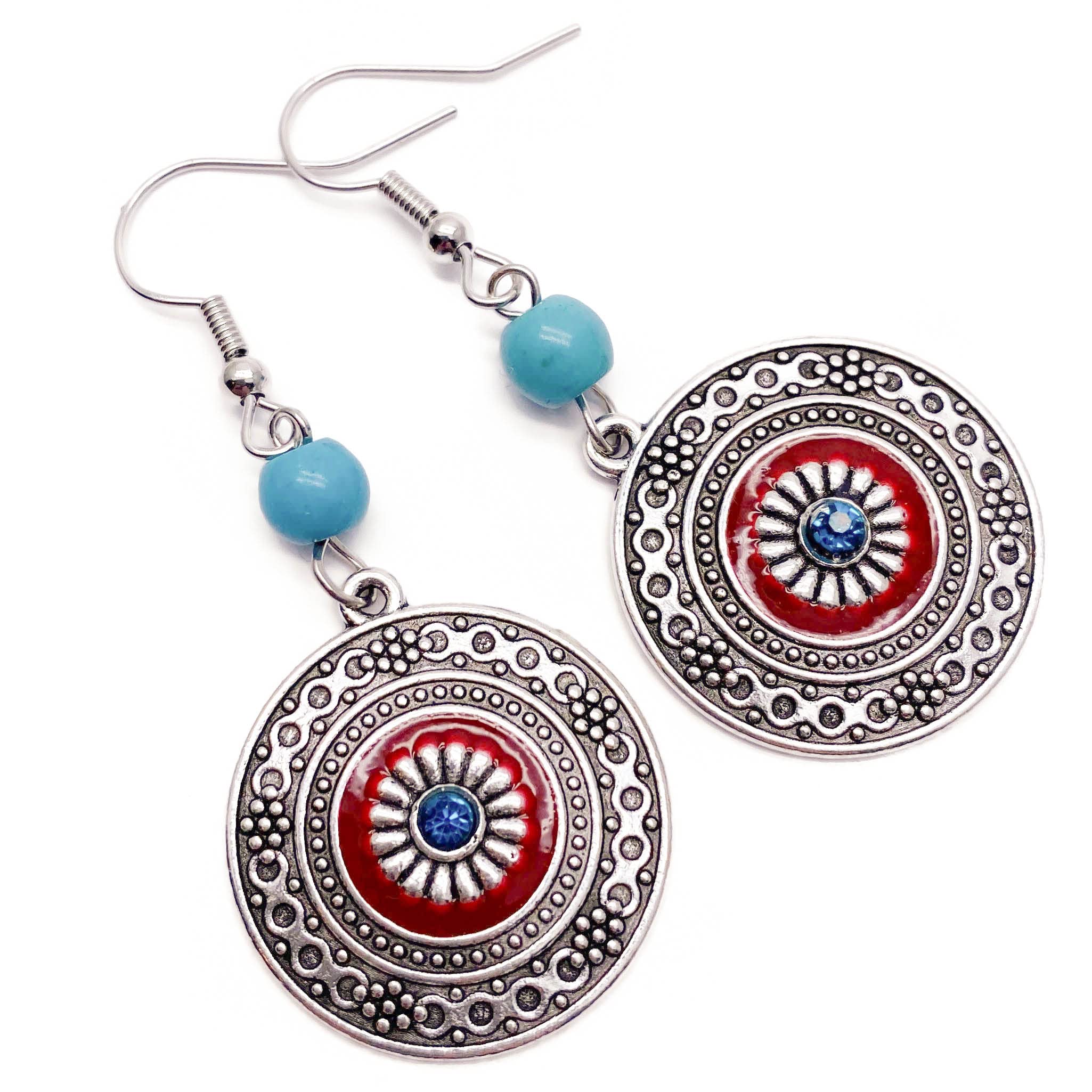 Turquoise and Red Ornate Patterned Disc Bead Earrings in Antique Silver Look : 53mm