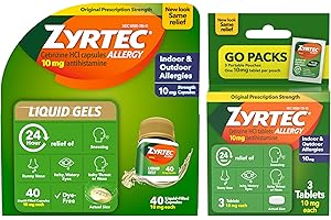 Zyrtec 24 Hour Allergy Relief Liquid Gels, Cetirizine HCI Antihistamine Allergy Medicine for Indoor/Outdoor, All-Day Relief for Runny Nose, Sneezing, Itchy, Watery Eyes, 40 ct + 3 Travel Packs, 43 ct
