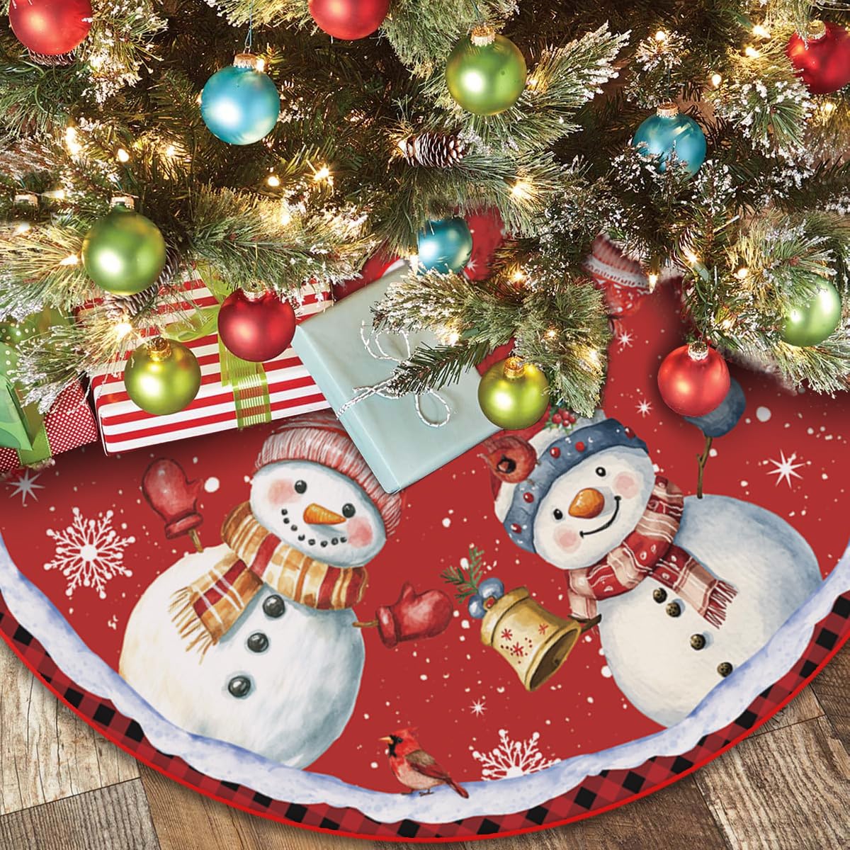 48 Inch Snowman Christmas Tree Skirt – Holiday Tree Mat for 6 to 7.5 Ft Trees, Durable & Soft Christmas Decorations for Home, Living Room, Party, Winter Holiday Decor