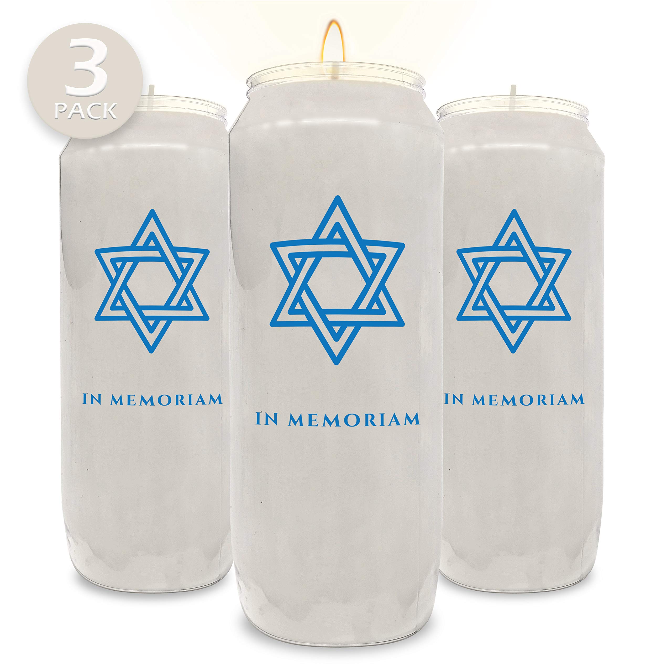 Ner Mitzvah 9 Day Memorial Candles, 3 Pack - Plastic Jar with Star of David - 7” Tall Pillar Candles for Religious, Prayer, Party Decor, Vigil and Emergency Use