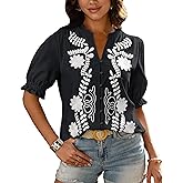 BTFBM Women's 2026 Spring Tops Casual Floral Boho V Neck Puff Short Sleeve Button Down Shirts Embroidered Blouses Tunic