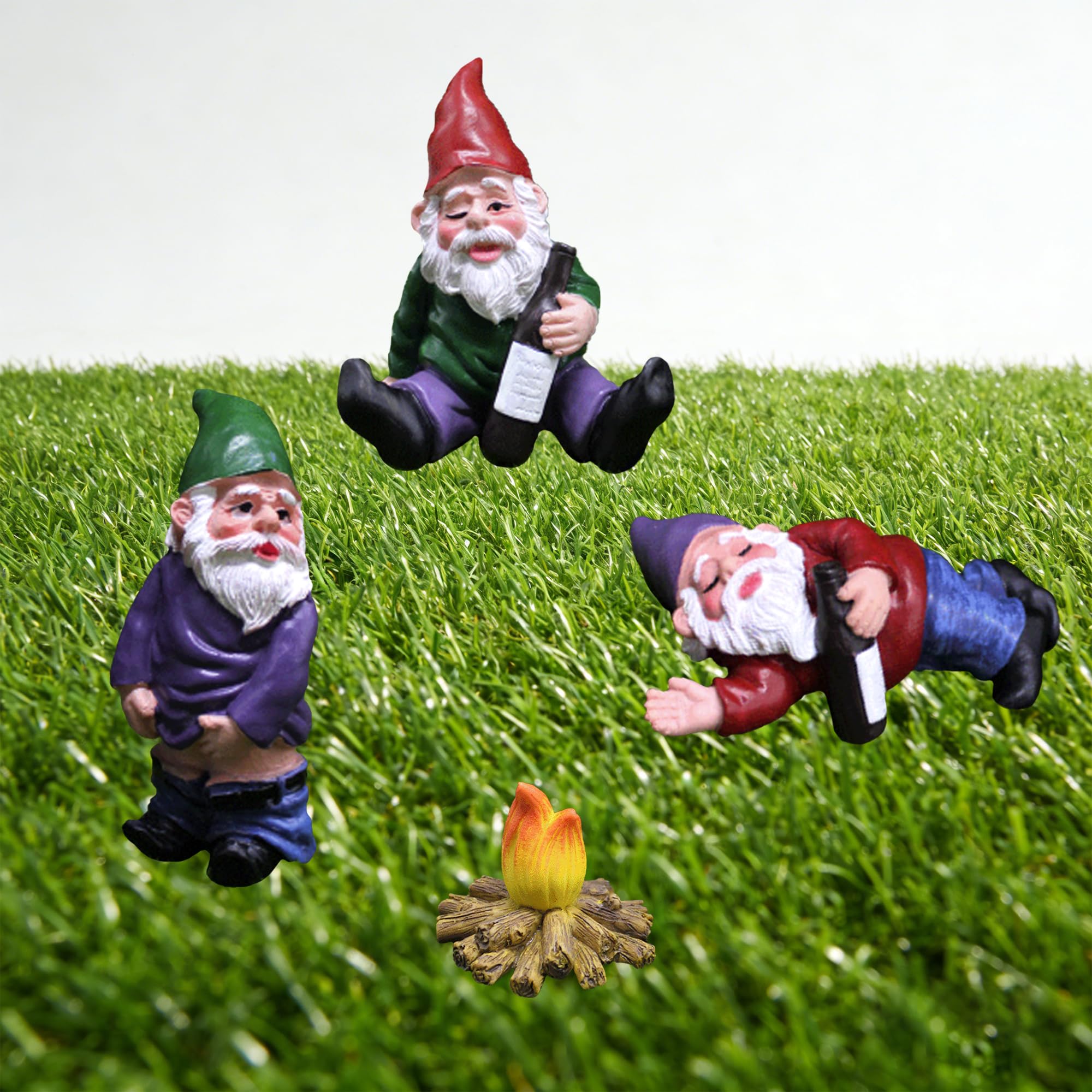 JIAMIAN 4pcs Funny Garden Ornaments - Drunk & Sitting Dwarf Gnomes, Peeing Gnome, Bonfire, Resin, Outdoor