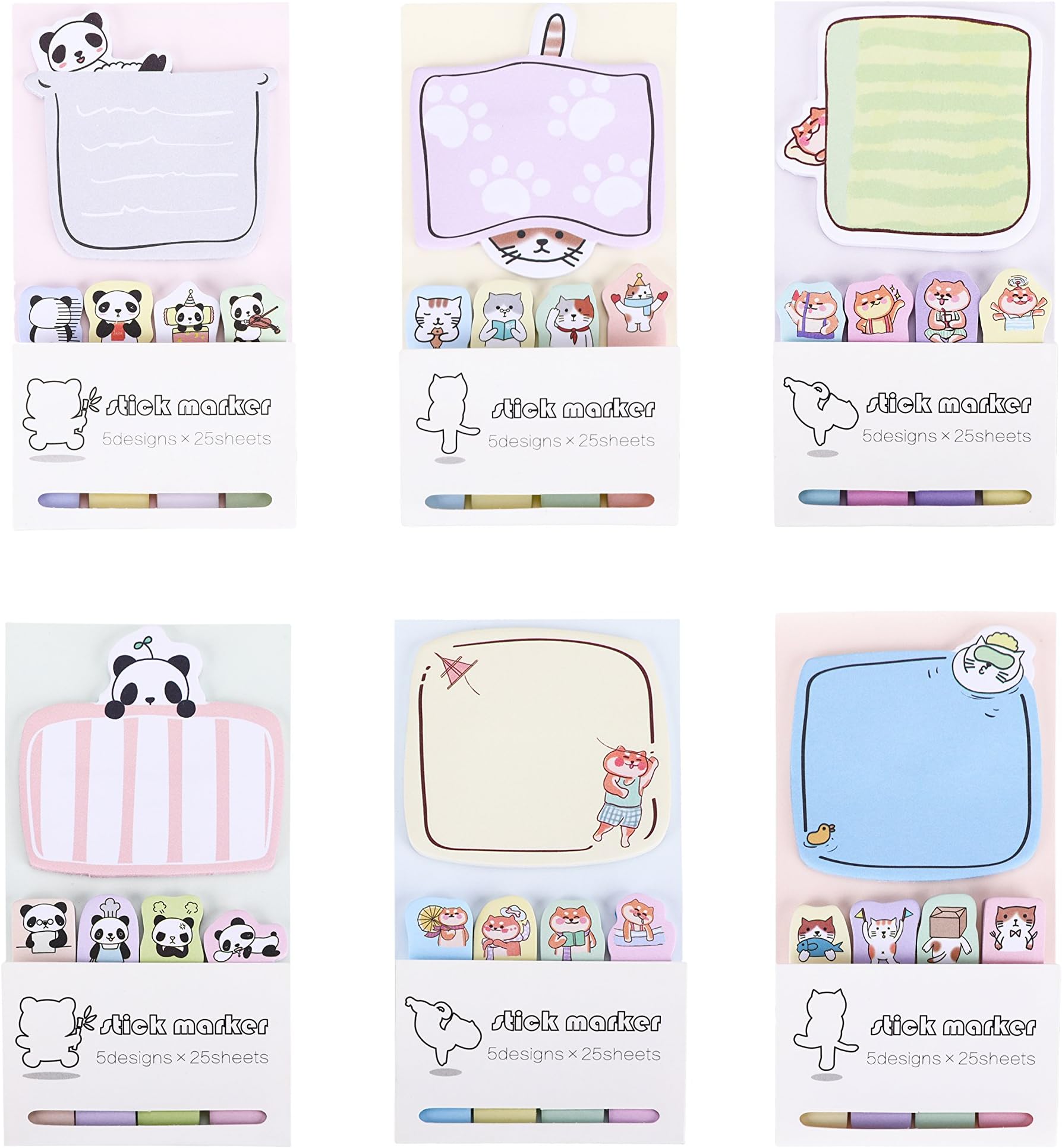 RIANCY Cute Animal Sticky Notes, Memo Self-Stick Notes, Things to Do List Notepad, Schedule Marker, 25 Sheets/Pad (Animals,Pack of 6)