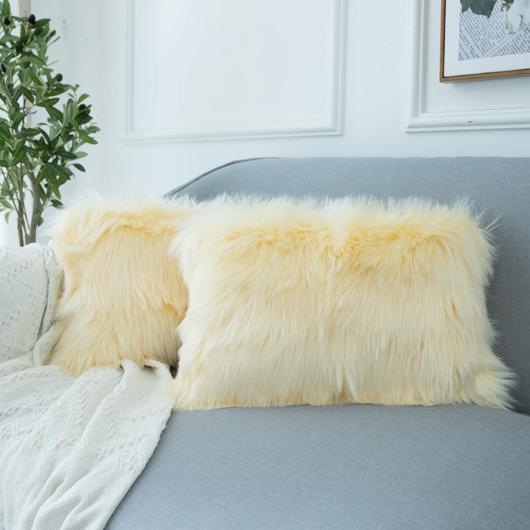LIGICKY Set of 2 Luxury Series Soft Faux Fur Cushion Cover Decorative Square Plush Pillow Case Throw Pillow Cover for Couch Sofa Bed (Beige, 12 x 20 Inch) — image 1