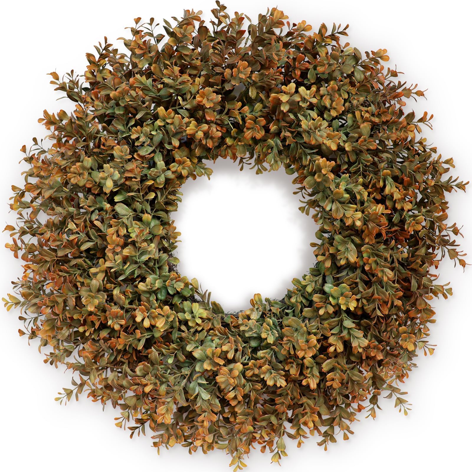 Photo 1 of 26'' Large Fall Wreath for Front Door, Porch, Window- Artificial Boxwood Leaves Outdoor Autumn Wreath for Home, Farmhouse Wall Thanksgiving Day Harvest Festival Decor