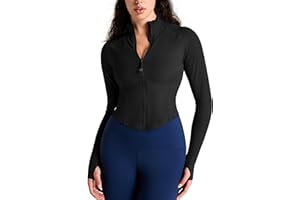 QUEENIEKE Women's Cropped Workout Jackets - Zip Up Long Sleeves Athletic Yoga Slim Fit BBL Running Jacket with Thumb Holes